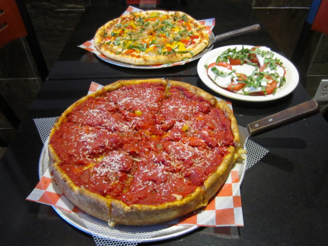 Chicago Deep Dish, N.Y. Thin Crust Pizzas and a Caprese Salad