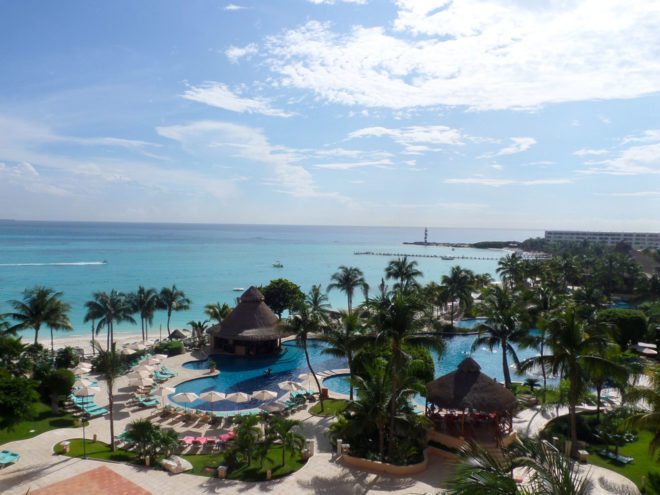 Beach and pool area of the Grand Coral resort