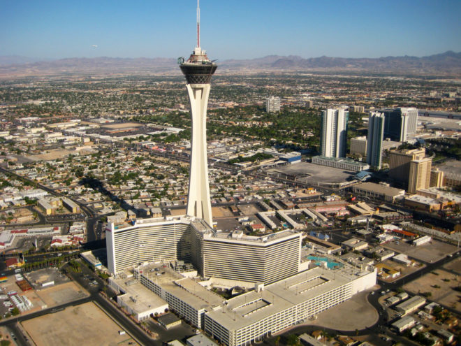 Helicopter aerial view of the Stratosphere Casino, Hotel and Tower