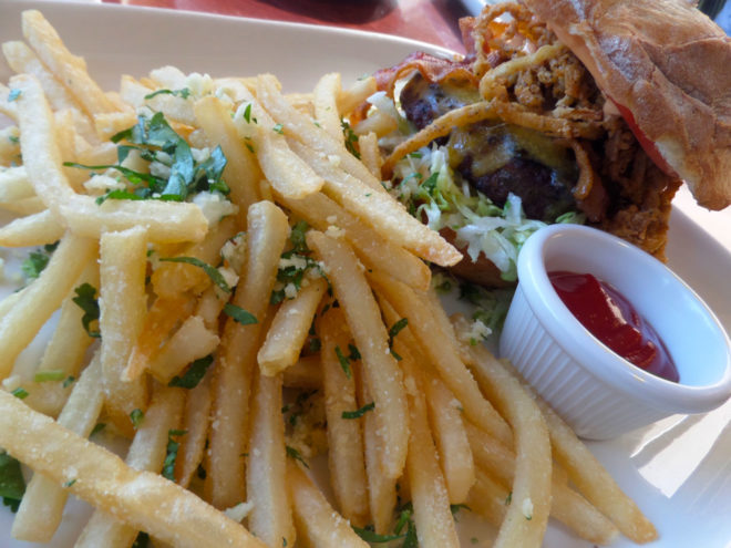 The Gilly Burger and Parmesan Garlic Fries from Truxton’s American Bistro