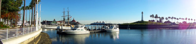 Rainbow Harbor, Lion Lighthouse and the Queen Mary