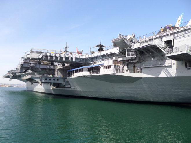 Stern to bow view of the USS Midway Museum