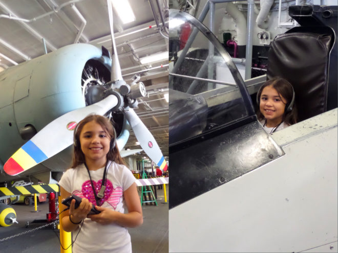 Madi enjoying audio tour and in cockpit of plane