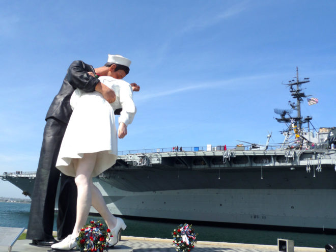 Unconditional Surrender statue and the USS Midway Aircraft Carrier