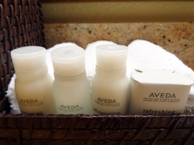 Aveda bathroom products from the Hotel Indigo Del Mar