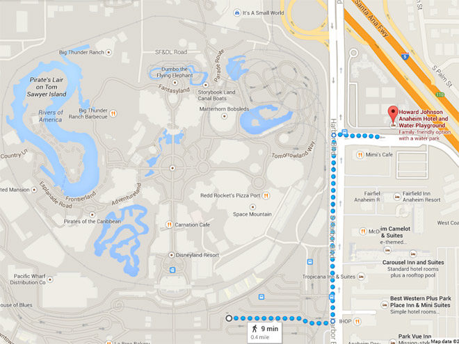 Howard Johnson Anaheim Hotel to Disneyland Walking Route