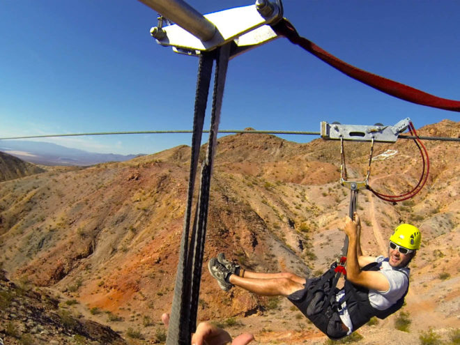 POV shot of us riding the Flightlinez zipline at Bootleg Canyon