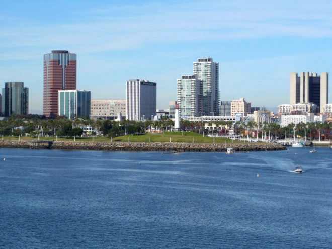 Queen Mary View of Rainbow Harbor and Lighthouse