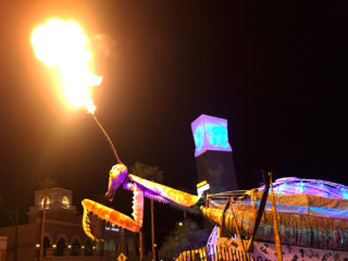 Praying Mantis Sculpture Shooting Out Fireballs at Container Park Las Vegas